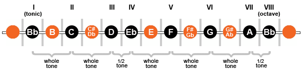 an image showing the intervals and notes in the B flat major scale.