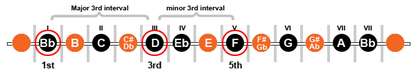 Diagram showing the 1st, 3rd and 5th of the “B flat” Major Scale