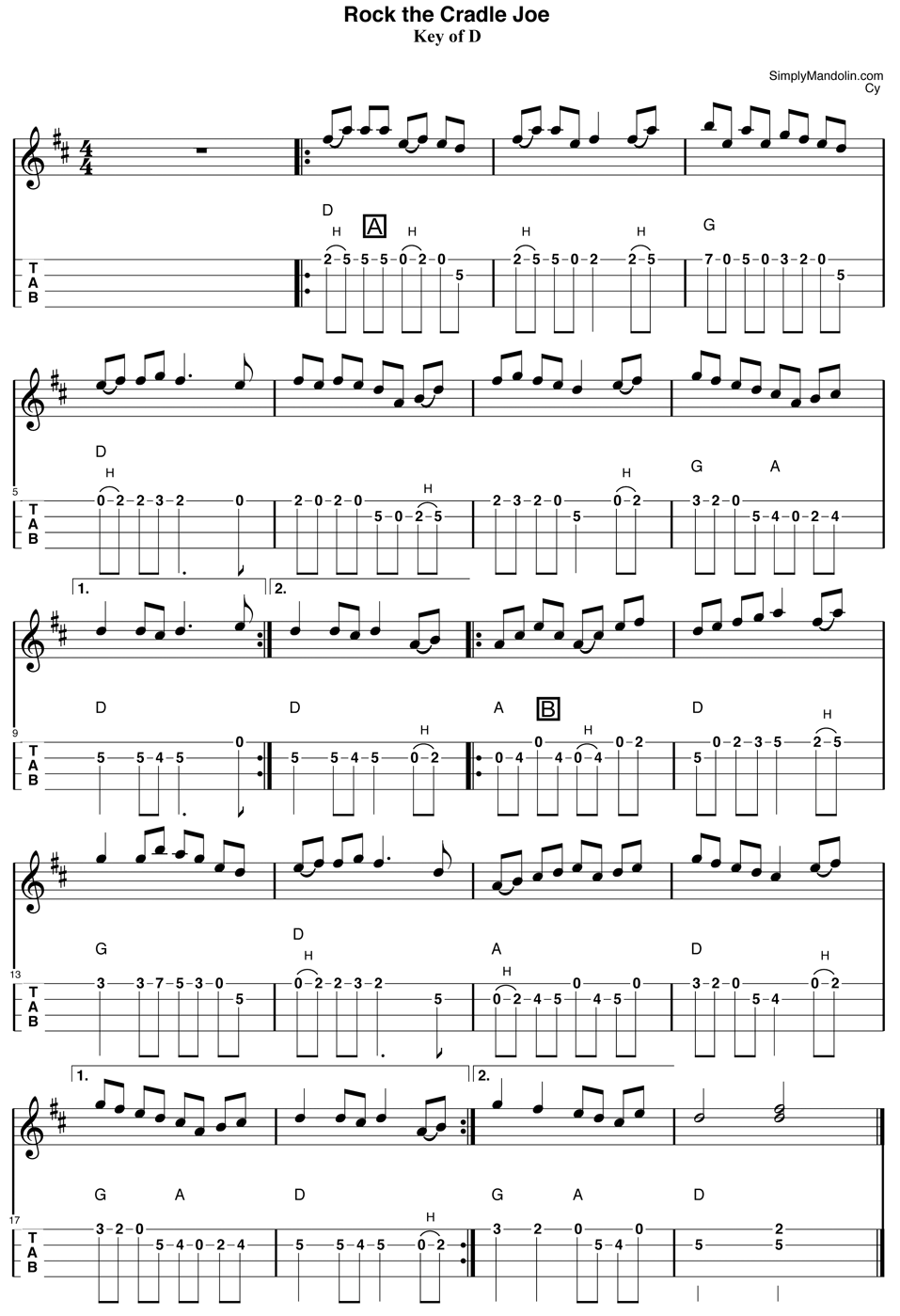 Mandolin Tablature for the "old time" tune "Rock the Cradle Joe.