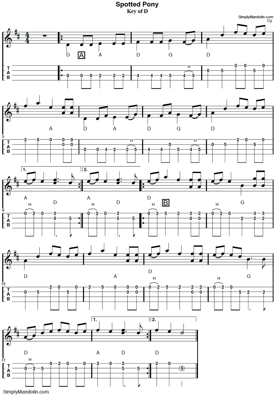 image of tablature for the tune "spotted pony".