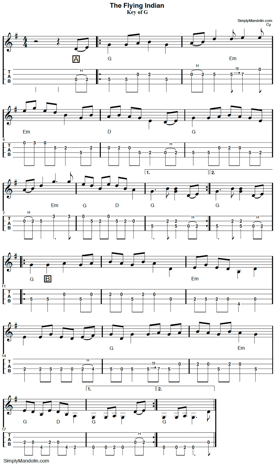 image of mandolin tab & music for the old time fiddle tune "The Flying Indian".