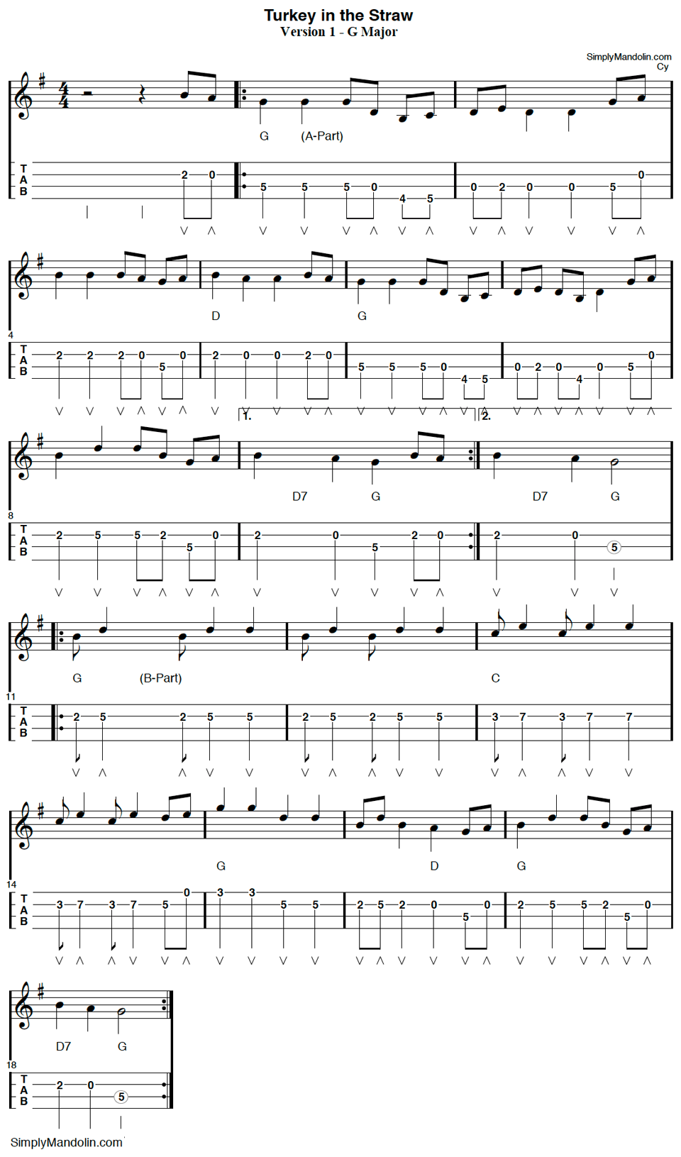 Image of the music and tab sheet for the tune “Turkey in the Straw”,
